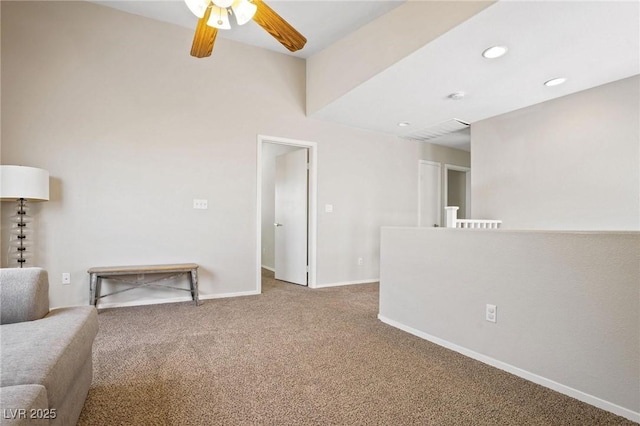 unfurnished room featuring carpet flooring and ceiling fan