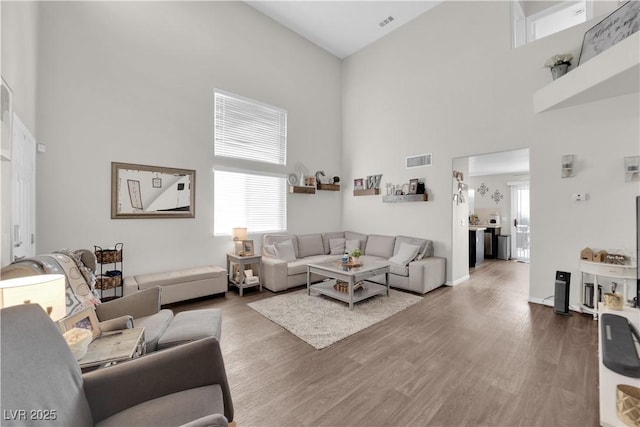 living room with a towering ceiling and hardwood / wood-style flooring