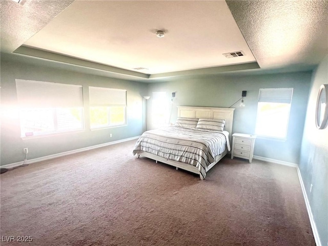 carpeted bedroom featuring multiple windows, a textured ceiling, and a tray ceiling