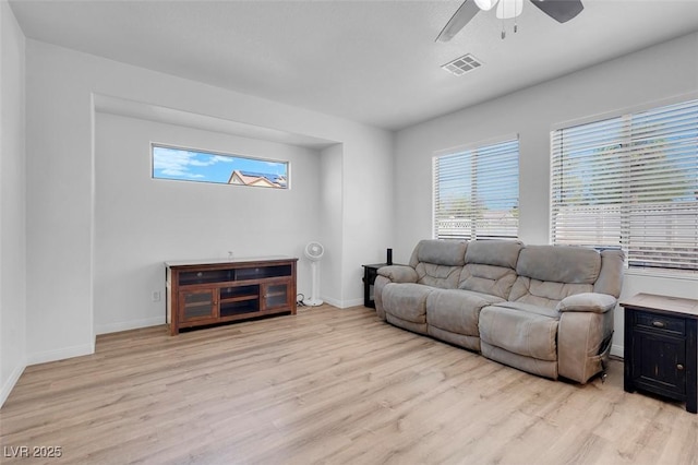 living room featuring ceiling fan and light hardwood / wood-style flooring