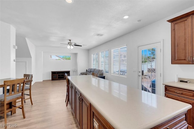 kitchen featuring ceiling fan and light wood-type flooring