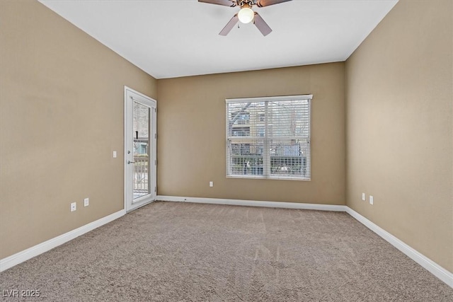 unfurnished room with light carpet, ceiling fan, and baseboards