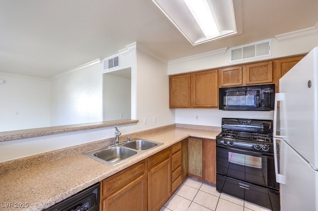 kitchen with sink, light tile patterned floors, black appliances, and crown molding