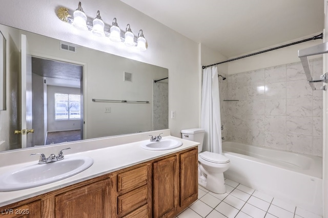 full bathroom with toilet, tile patterned flooring, vanity, and shower / bathtub combination with curtain