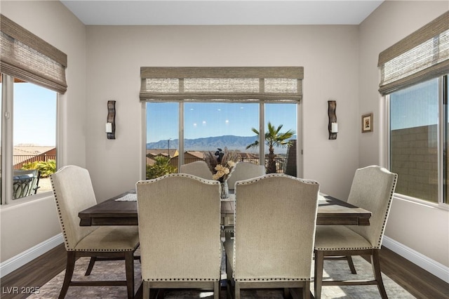 dining area with a mountain view and dark hardwood / wood-style flooring