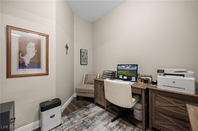 home office featuring dark hardwood / wood-style flooring