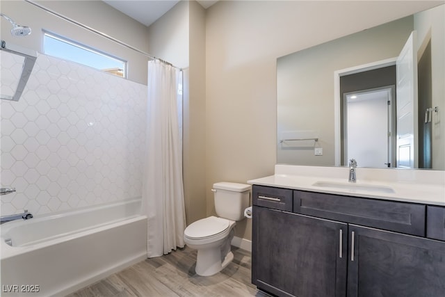 full bathroom with toilet, vanity, shower / bath combo, and hardwood / wood-style floors