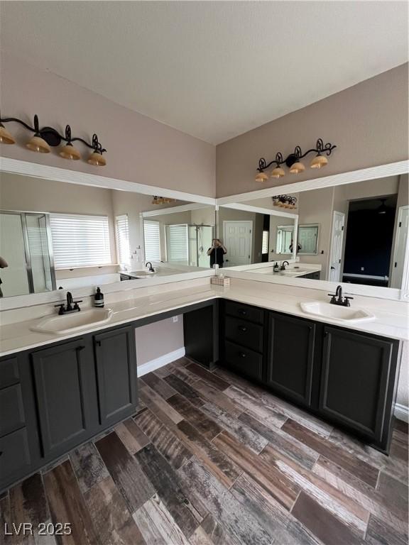 bathroom featuring vanity, hardwood / wood-style flooring, and an enclosed shower