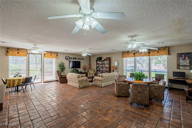 living area with a textured ceiling