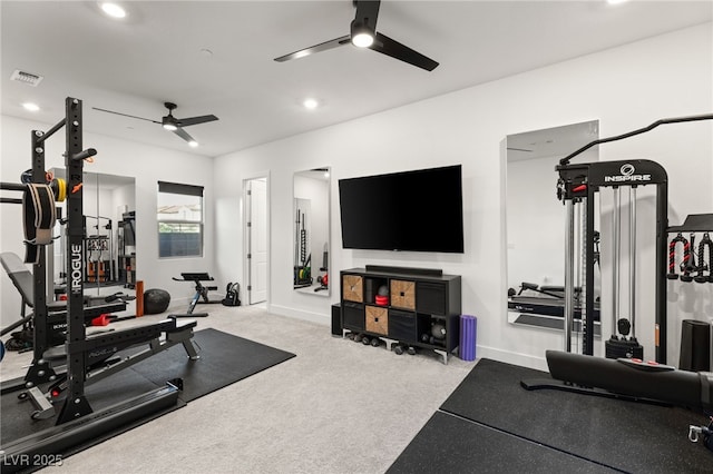 workout area with ceiling fan