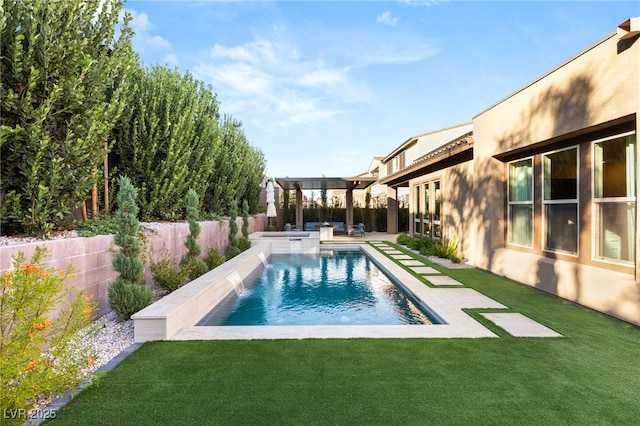 view of pool featuring pool water feature, a pergola, and a lawn