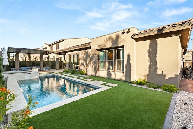 rear view of property with a patio, a fenced in pool, and a lawn