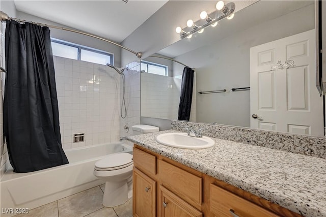 full bathroom with tile patterned flooring, vanity, shower / bath combination with curtain, and toilet