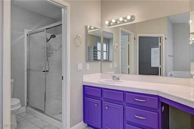 bathroom with tile patterned flooring, walk in shower, vanity, and toilet