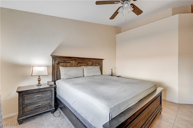 bedroom featuring ceiling fan and light tile patterned flooring