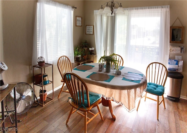 dining room featuring baseboards, a notable chandelier, and hardwood / wood-style flooring