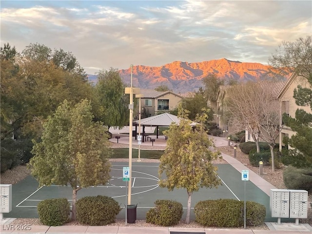 exterior space featuring a gazebo, mail area, and a mountain view