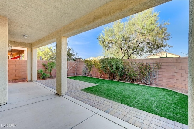 view of yard featuring a patio area and a fenced backyard