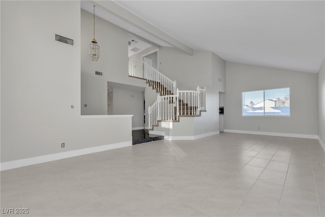 unfurnished living room featuring high vaulted ceiling, beam ceiling, and light tile patterned floors