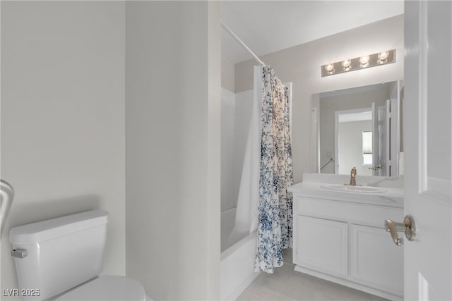 full bathroom with toilet, vanity, shower / bathtub combination with curtain, and tile patterned flooring