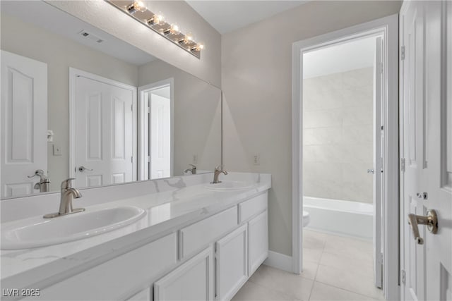 full bathroom featuring shower / tub combination, toilet, vanity, and tile patterned flooring