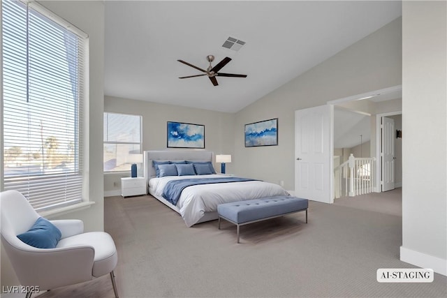 bedroom featuring ceiling fan, carpet, and vaulted ceiling