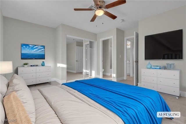 carpeted bedroom featuring ceiling fan