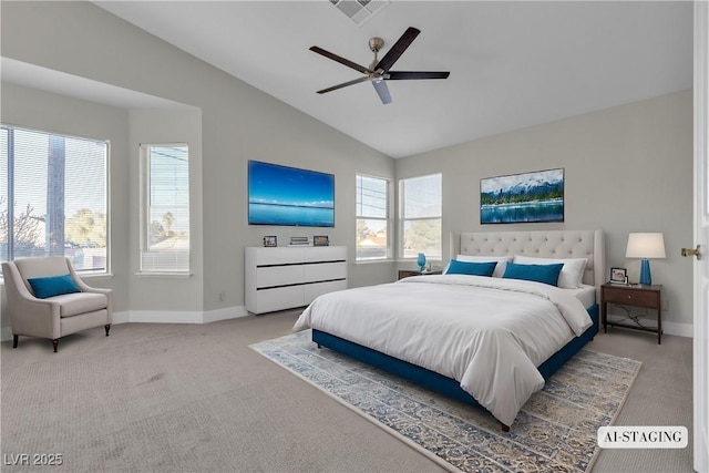 bedroom with ceiling fan, light carpet, and lofted ceiling