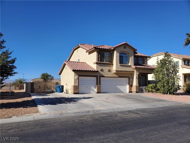 mediterranean / spanish house with central AC unit and a garage