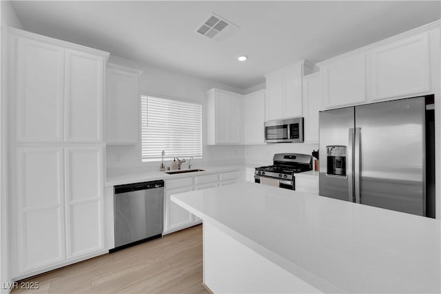 kitchen with white cabinetry, sink, light hardwood / wood-style floors, and appliances with stainless steel finishes