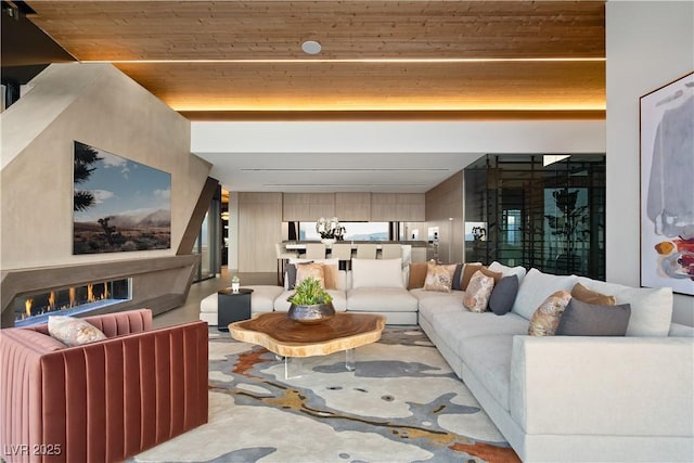 living room featuring wood ceiling