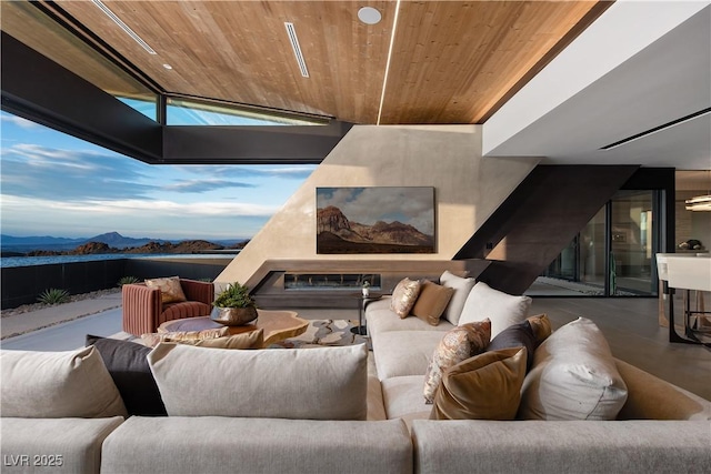 interior space featuring a mountain view and wood ceiling