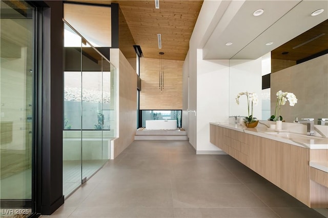 bathroom with vanity, walk in shower, and wooden ceiling