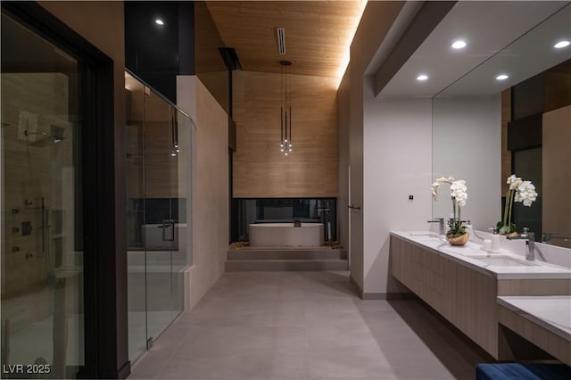 bathroom with vanity, wood ceiling, and independent shower and bath