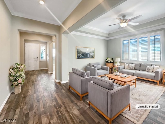 living room with ceiling fan, dark hardwood / wood-style floors, and ornamental molding