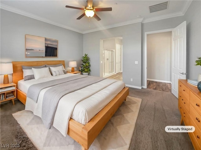 bedroom featuring ceiling fan and crown molding