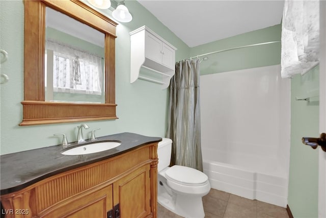 full bathroom featuring tile patterned flooring, vanity, toilet, and shower / tub combo with curtain