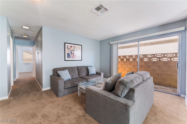 living room featuring a textured ceiling and light carpet