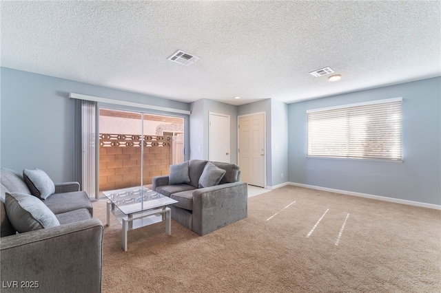 living room with a textured ceiling and light colored carpet