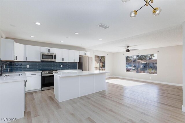 kitchen with sink, stainless steel appliances, white cabinets, and a kitchen island