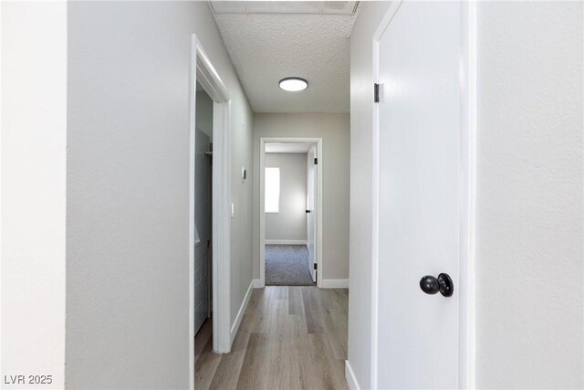 corridor with a textured ceiling and light hardwood / wood-style flooring