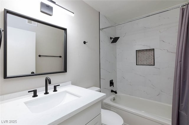 full bathroom featuring toilet, shower / bath combo with shower curtain, and vanity