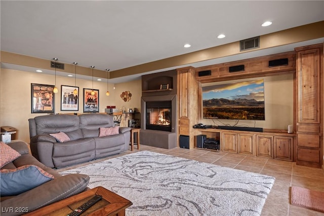 living room featuring light tile patterned flooring