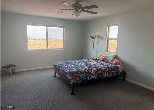 bedroom with carpet, ceiling fan, and multiple windows