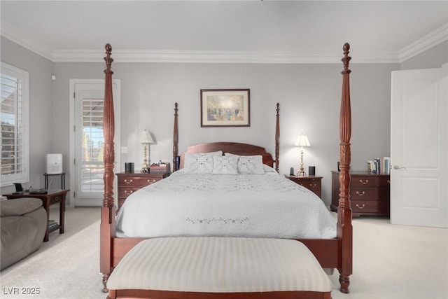 carpeted bedroom featuring ornamental molding