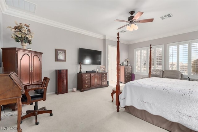 bedroom with ceiling fan, ornamental molding, and light carpet