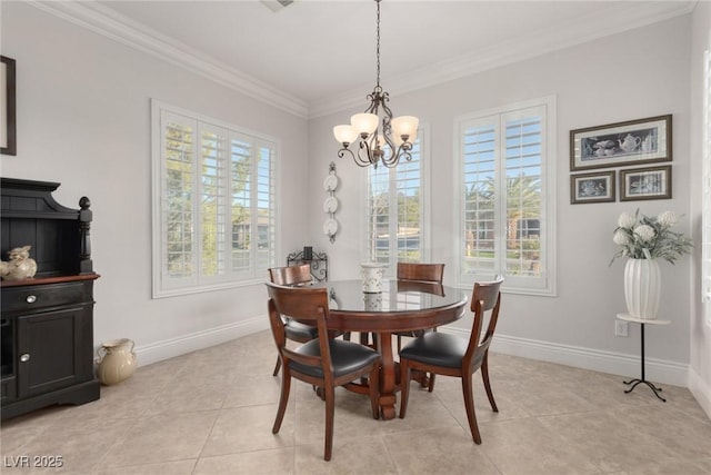 dining space featuring light tile patterned floors, crown molding, and a notable chandelier