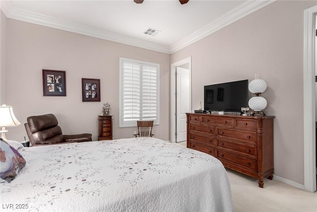 bedroom with ceiling fan, light colored carpet, and ornamental molding