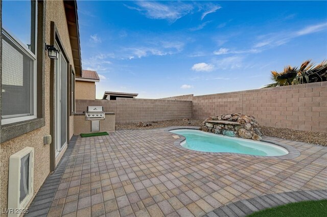 view of pool with a patio area and a grill