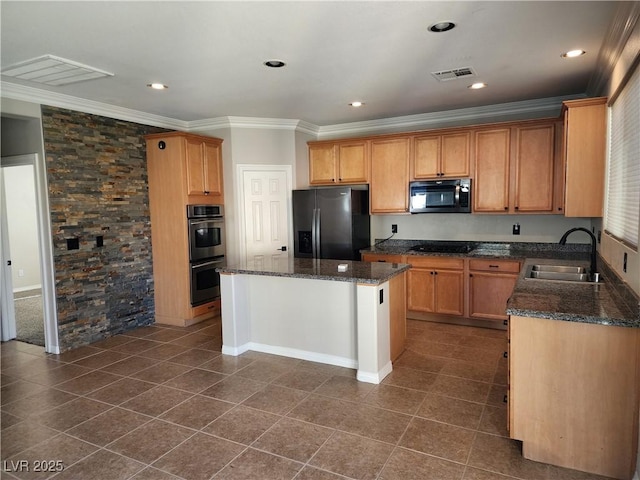 kitchen with sink, fridge with ice dispenser, ornamental molding, stainless steel double oven, and a kitchen island